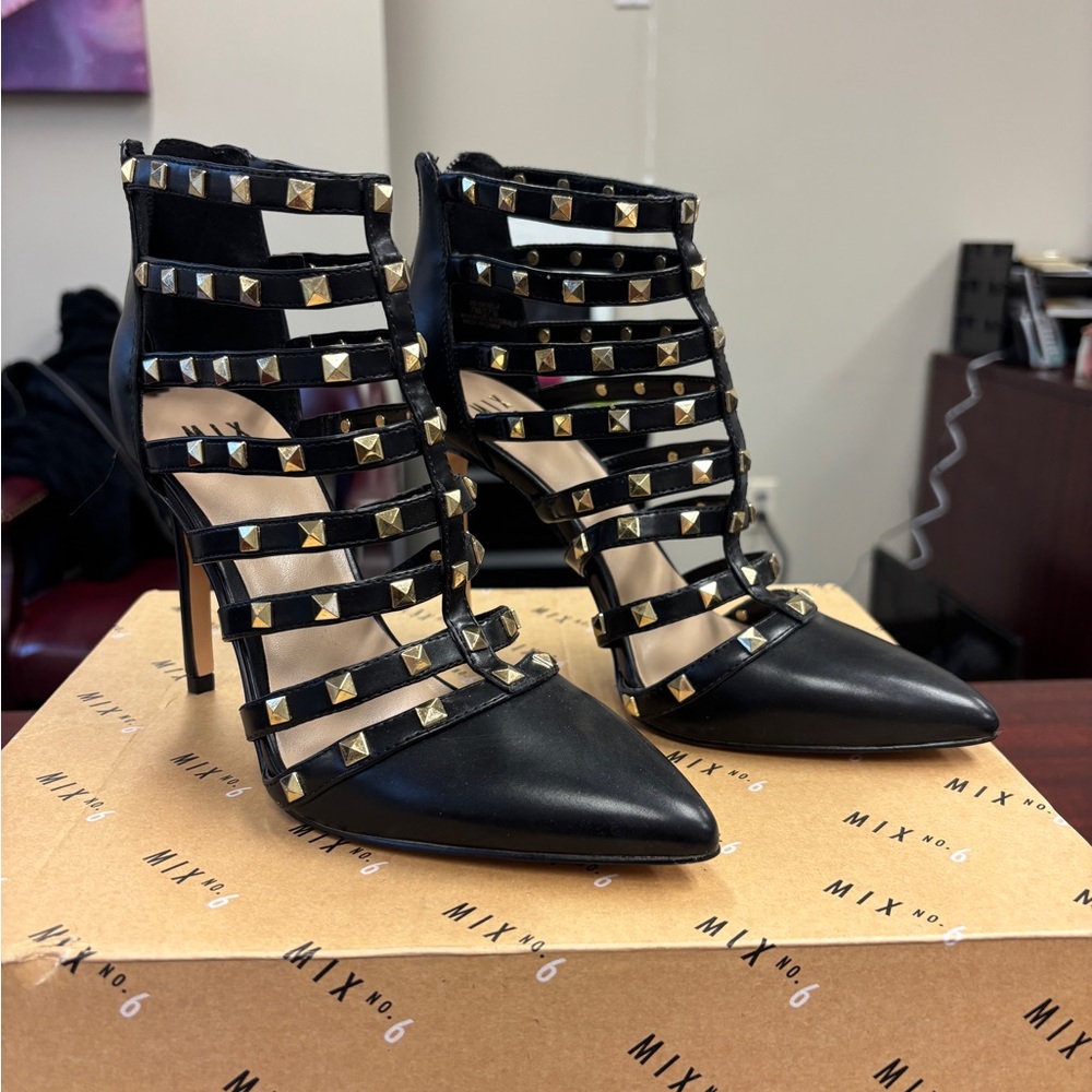 Mix No. 6 Black Stiletto Heels with Studded Straps